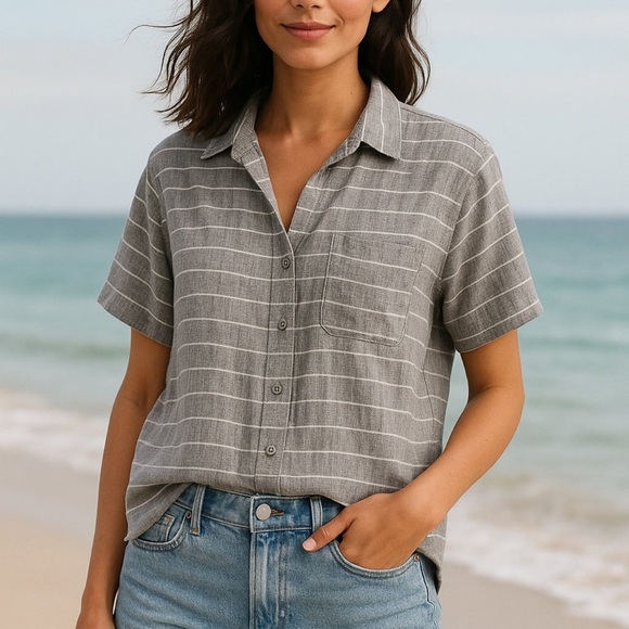 $99 Garnet Hill 100% linen white w/ black stripe short sleeve shirt size 4 - Picture 7 of 7